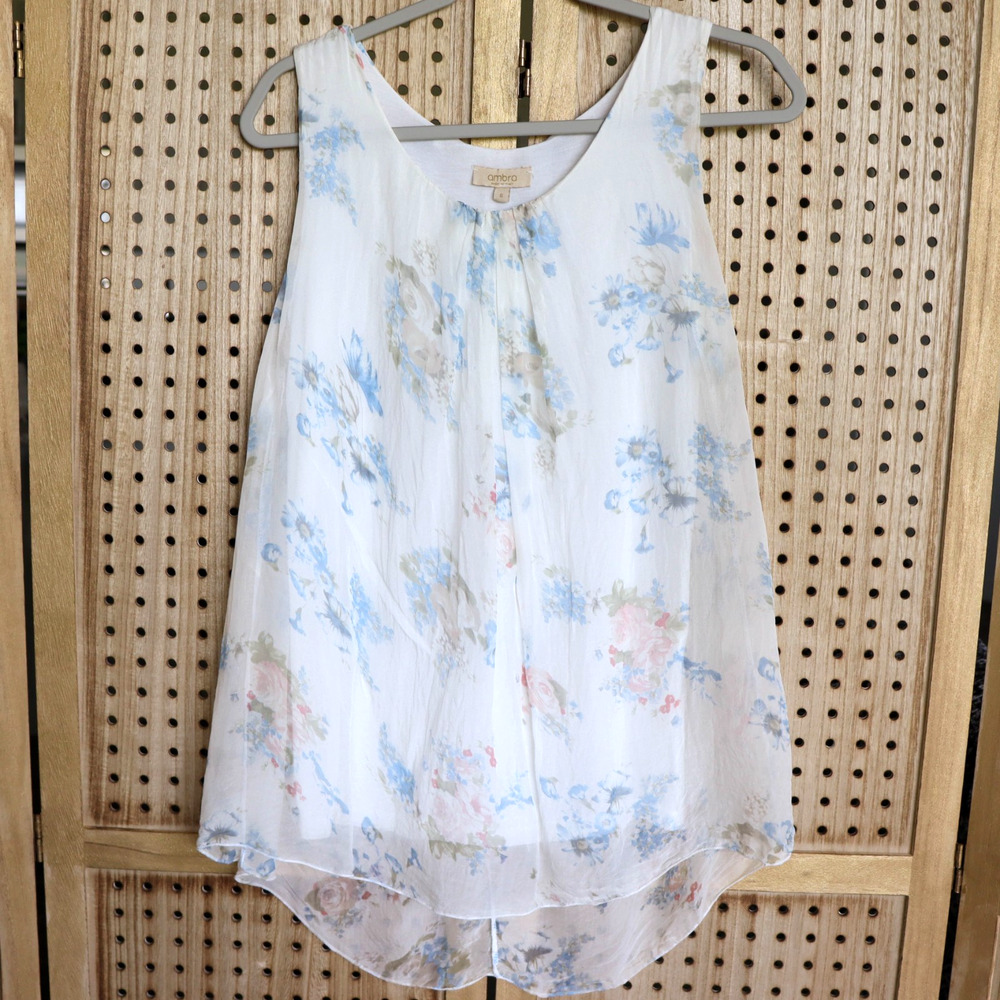 Ambra Womens SIZE S Silk Ivory Sleeveless Floral Top Made in Italy‎